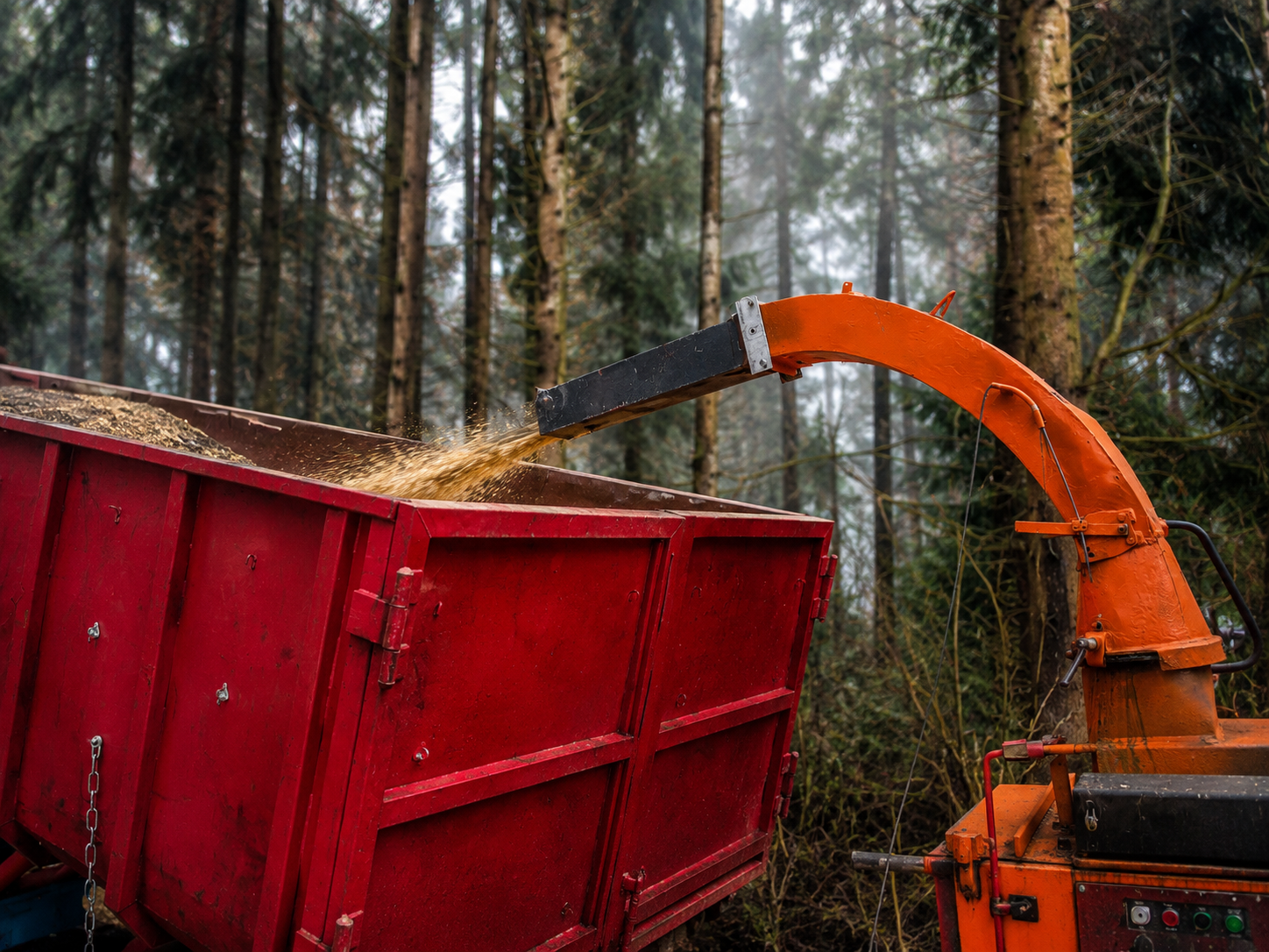 Holzhackschnitzelproduktion mit LKW-Kran, Hacker und Container auf einem Betriebshof.