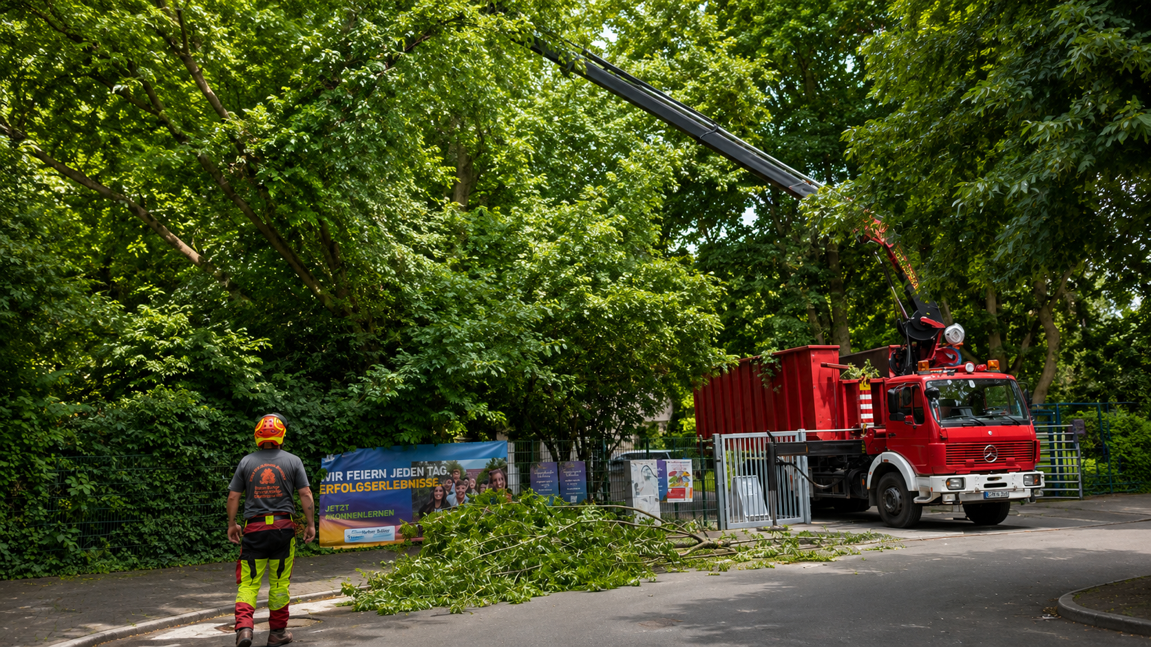 Baumpflege-Einsatz mit Kran-LKW im Stadtbereich, während Äste abtransportiert werden.