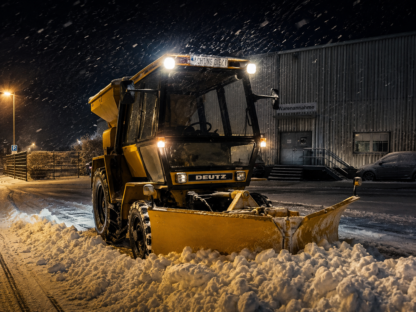 Schneeräumfahrzeug beim nächtlichen Winterdienst vor einem Betriebsgebäude