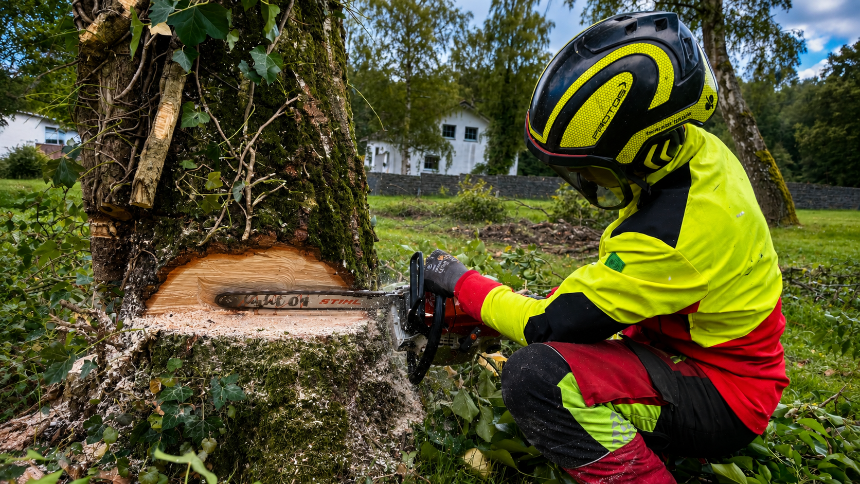 Sichere Standardfällung eines Baumes vom Boden in Limburg