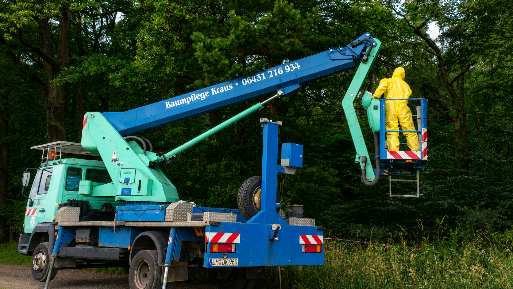 Fachkraft auf einer Hubarbeitsbühne bei der kontrollierten Entfernung von Eichenprozessionsspinner-Nestern