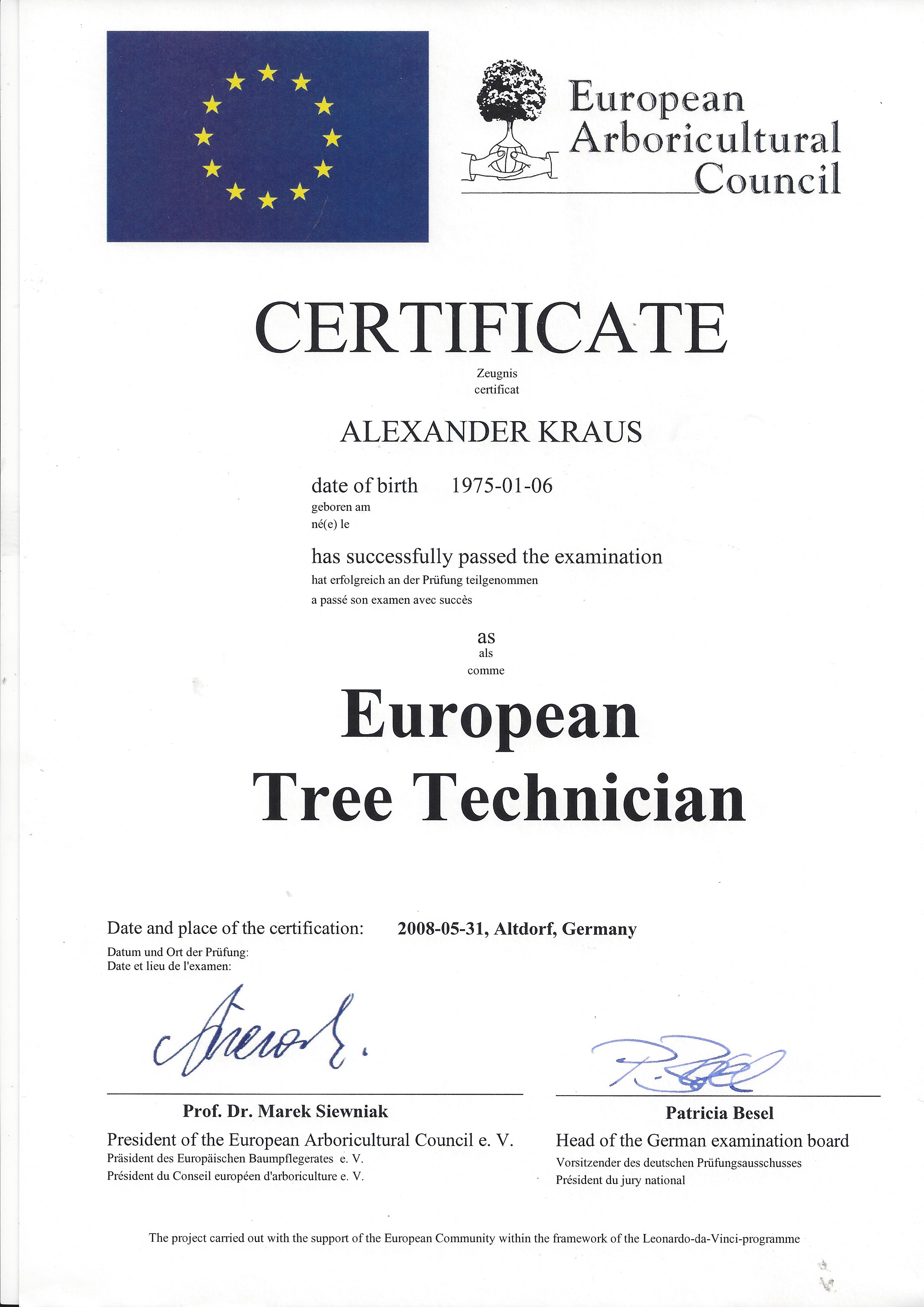 Zertifikat European Tree Technician von Alexander Kraus