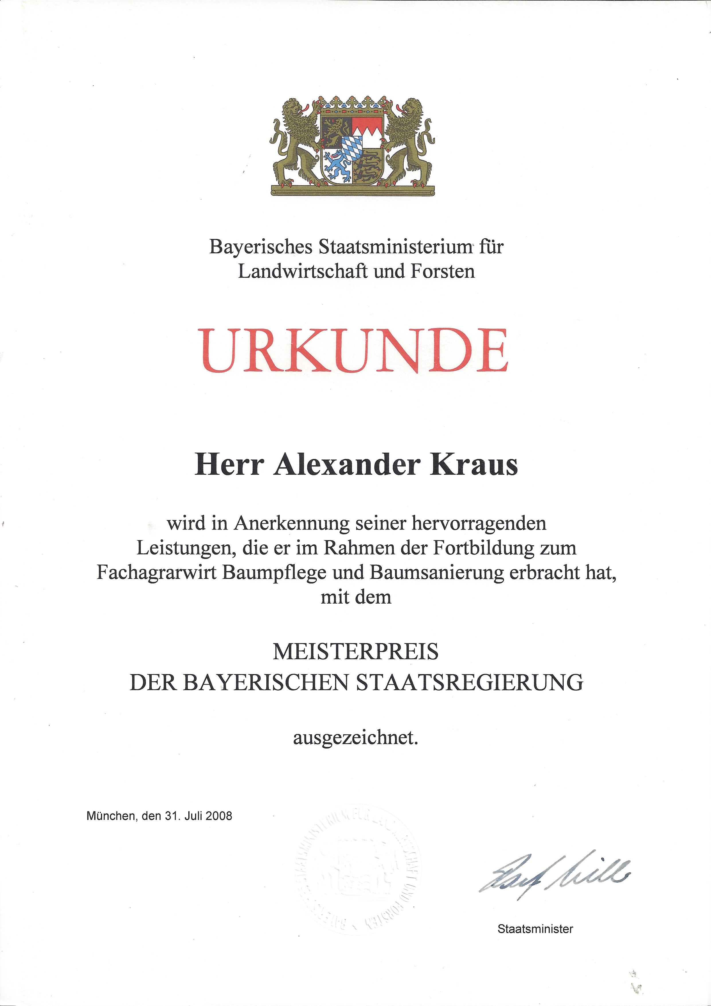 Urkunde zum Meisterpreis der Bayerischen Staatsregierung für Alexander Kraus
