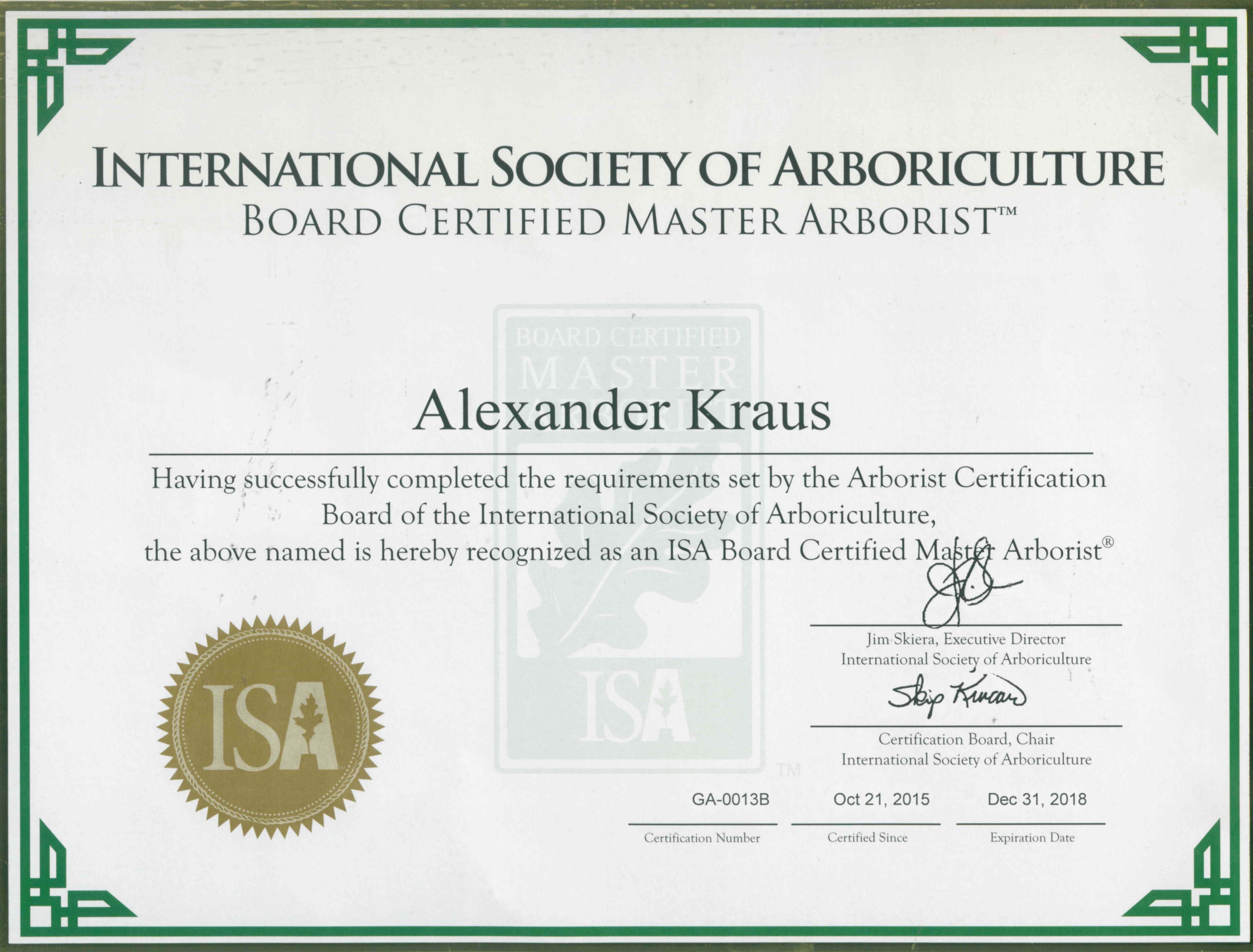 Zertifikat ISA Board Certified Master Arborist von Alexander Kraus