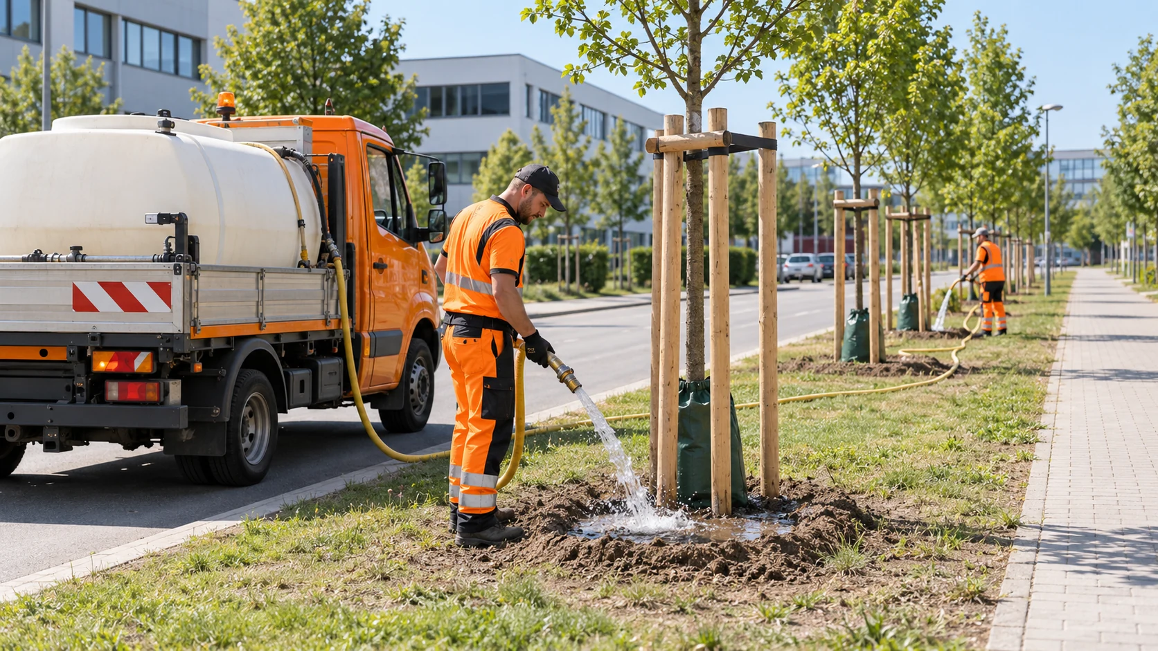 Tankfahrzeug und Mitarbeiter bei der Bewässerung einer Reihe junger Bäume am Straßenrand