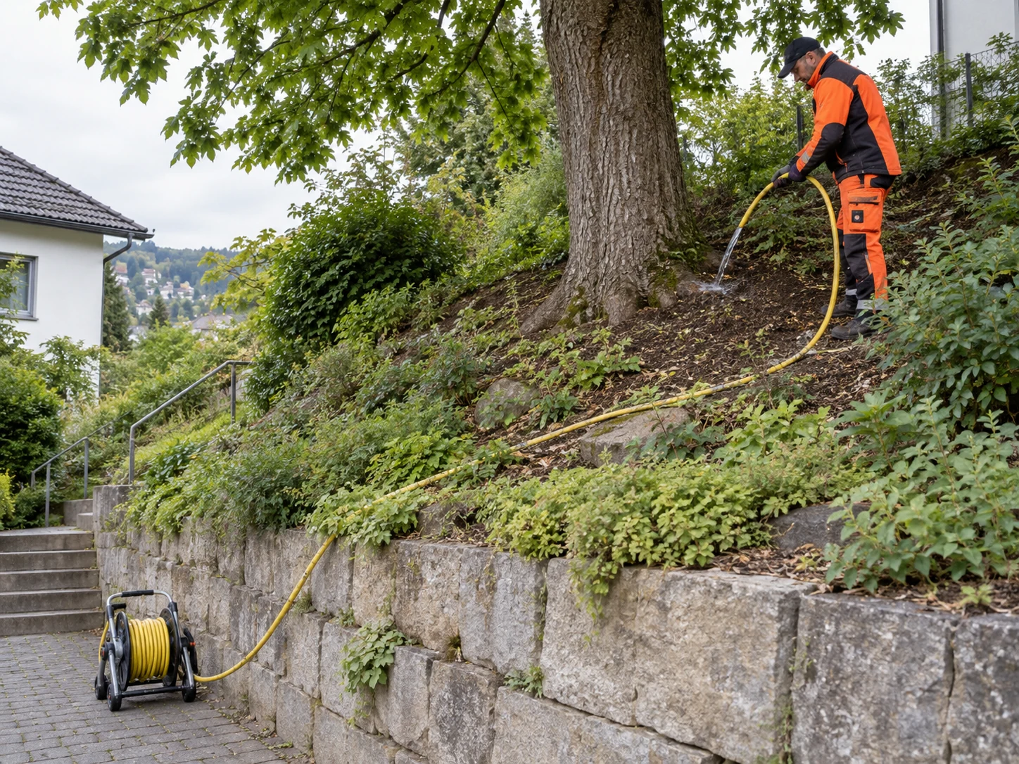 Mitarbeiter bewässert einen Baum an einem steilen Hang mit einem Schlauch