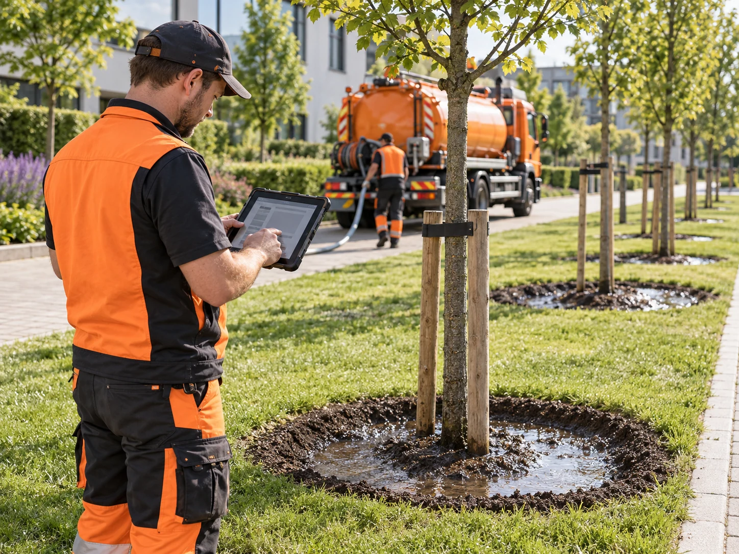 Mitarbeiter dokumentiert einen Bewässerungseinsatz an jungen Bäumen auf einem Tablet